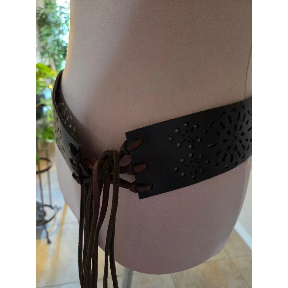 Vintage Dark Brown Leather Wide Waist Belt Laser Cut Floral Lace Up Tassel